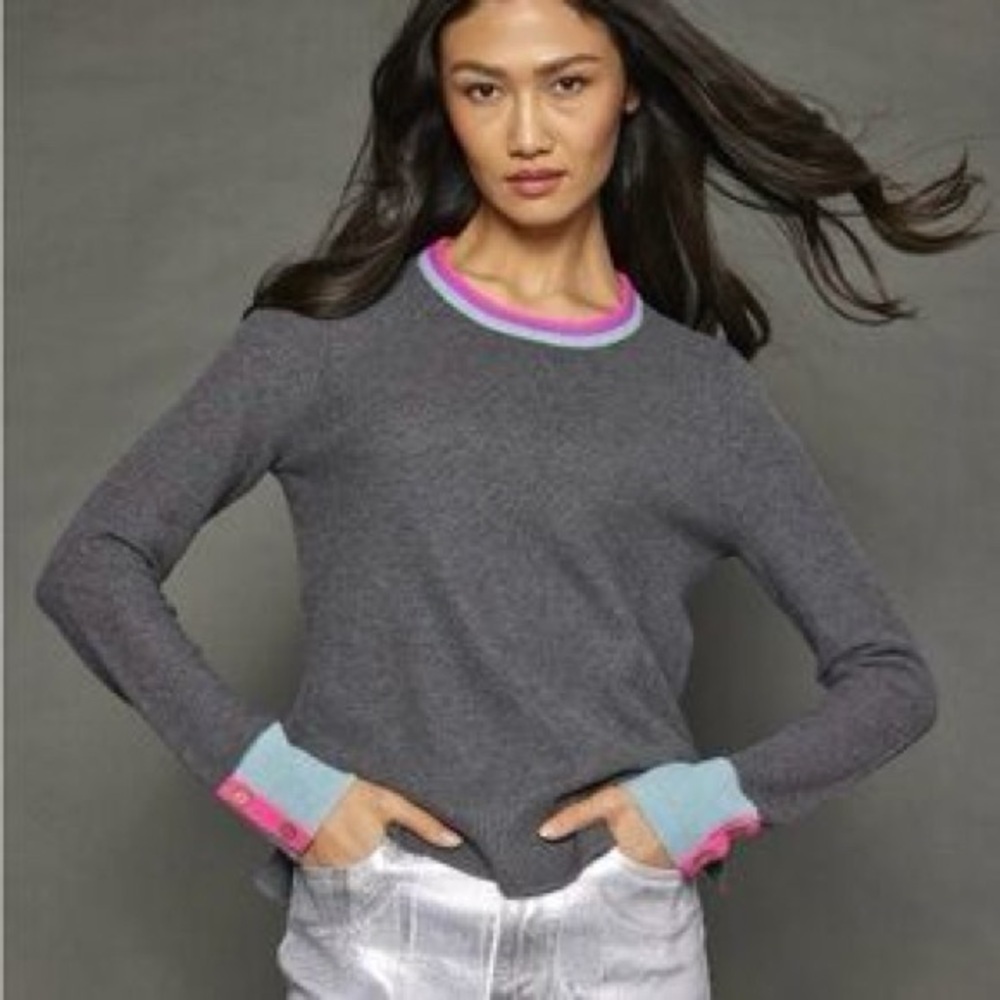 Lisa Todd Gray Sweater Crewneck Pink Blue Trim Button Cotton Cashmere